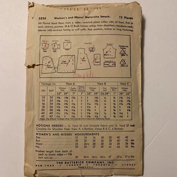 Butterick Vintage 1940's Sewing Pattern #3524 Maternity Smock Size 14 - Picture 5 of 5